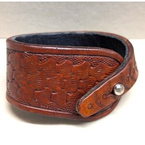 Vintage Hand Tooled Leather Cuff Bracelet Brown Western Boho Tooled Boho Lined